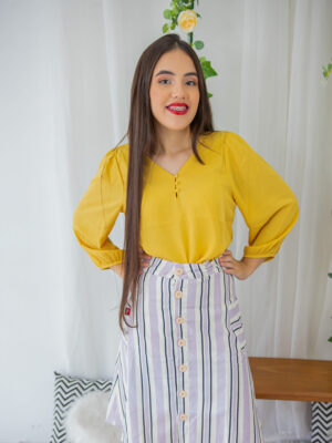 Saia Listrada Provença com Botões Frontais e Bolsos Laterais