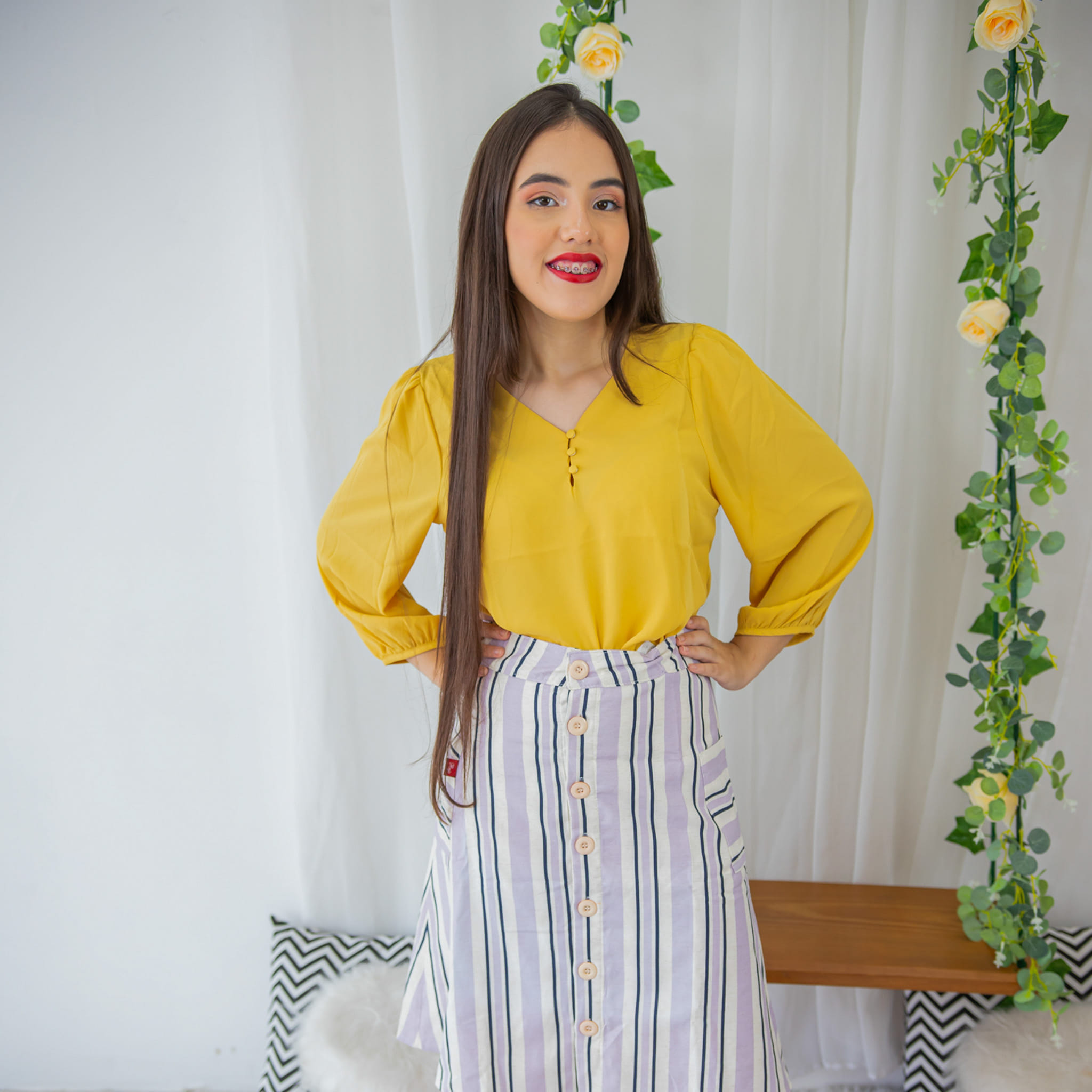 Saia Listrada Provença com Botões Frontais e Bolsos Laterais