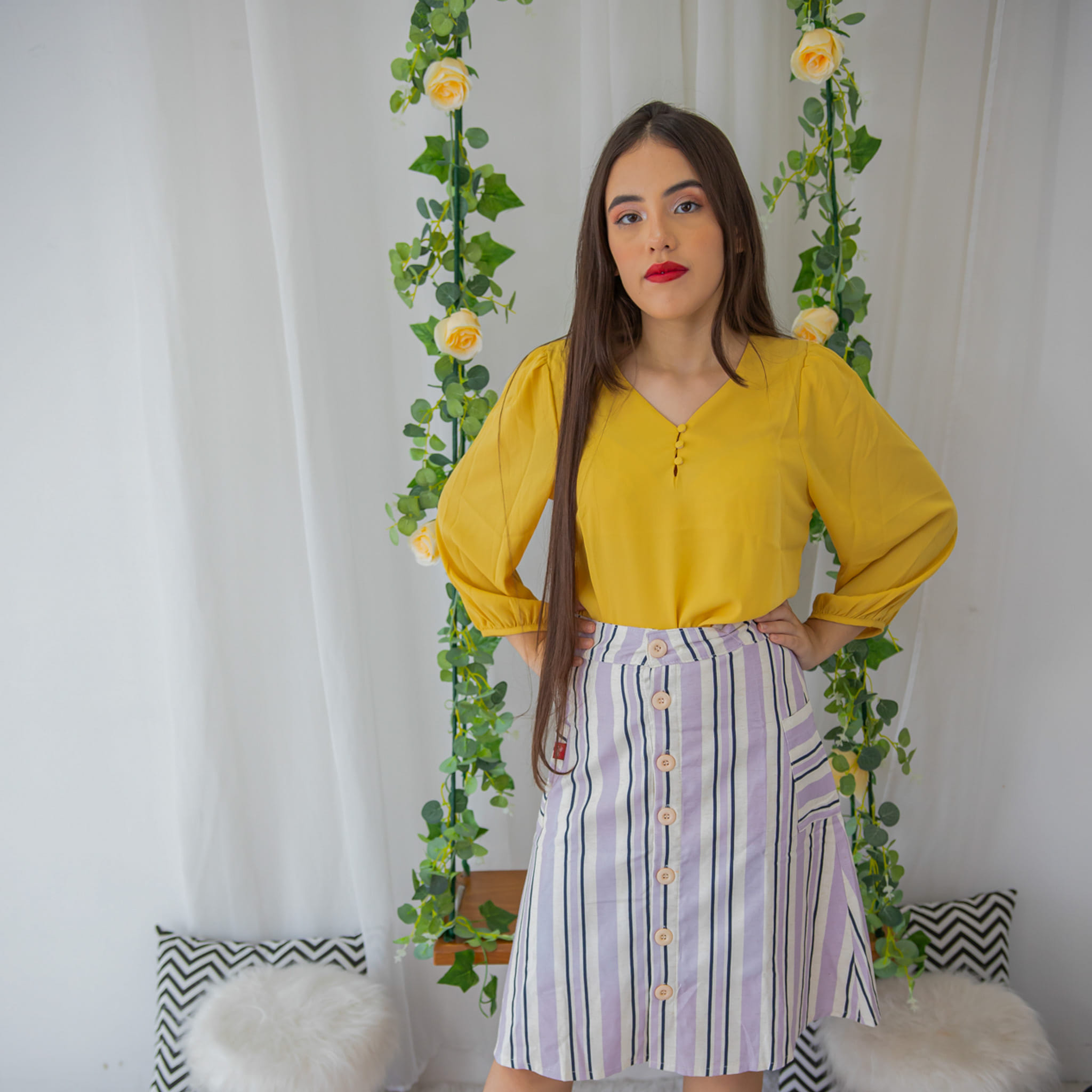 Saia Listrada Provença com Botões Frontais e Bolsos Laterais - Imagem 2