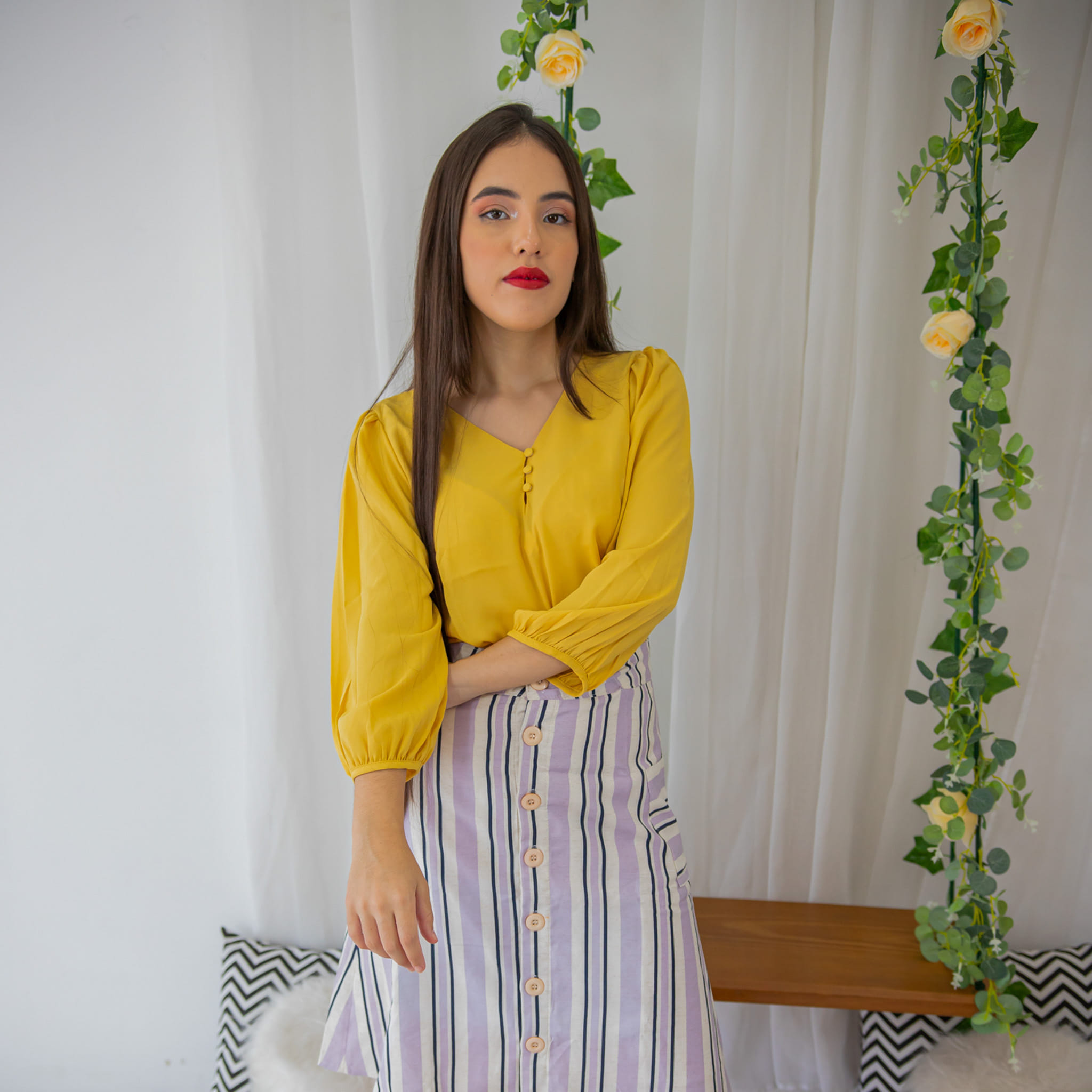 Saia Listrada Provença com Botões Frontais e Bolsos Laterais - Imagem 3