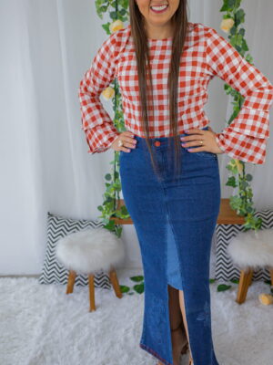 Saia Longa Flor de Jeans