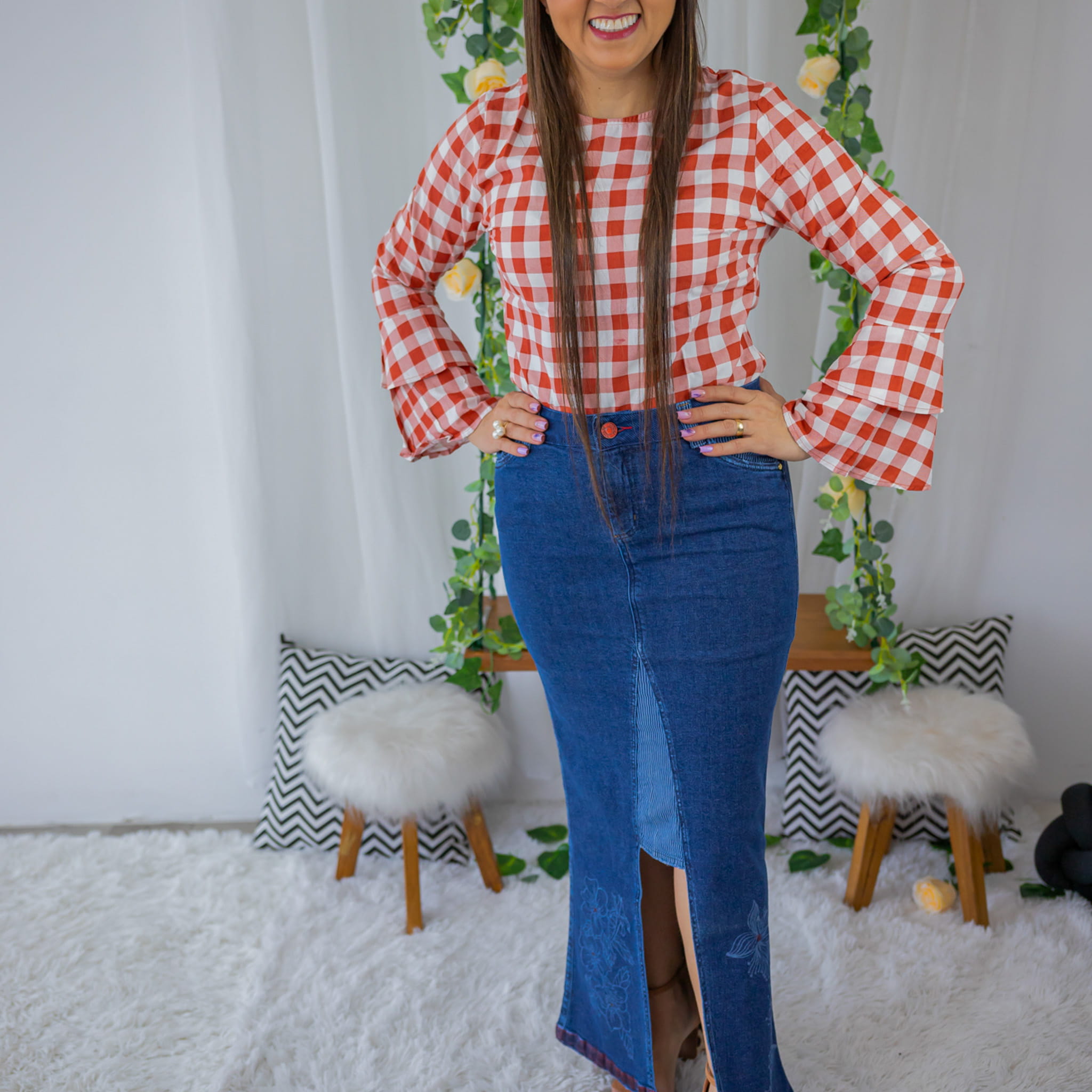 Saia Longa Flor de Jeans